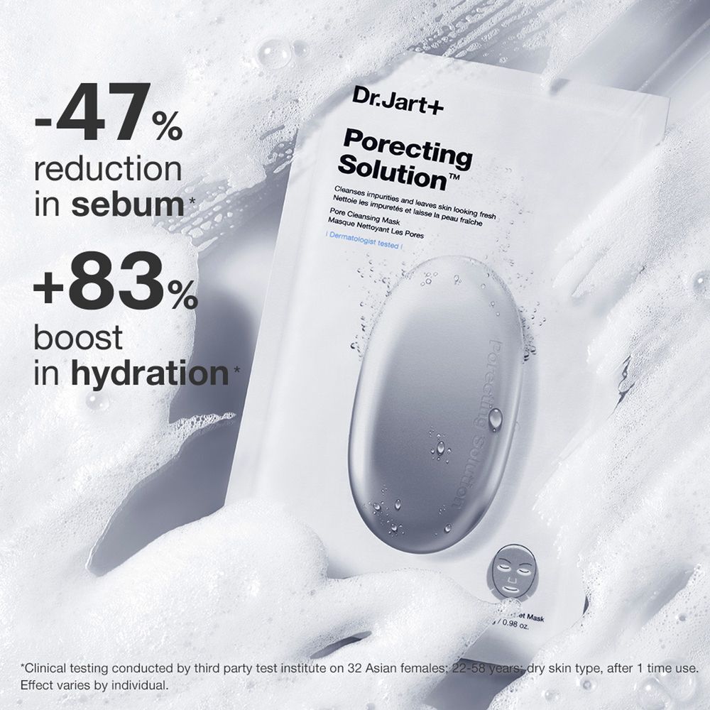 Masque Dr.Jart+ Porecting Solution dans un emballage blanc. Le texte indique -47% de réduction de sébum et +83% d'hydratation.