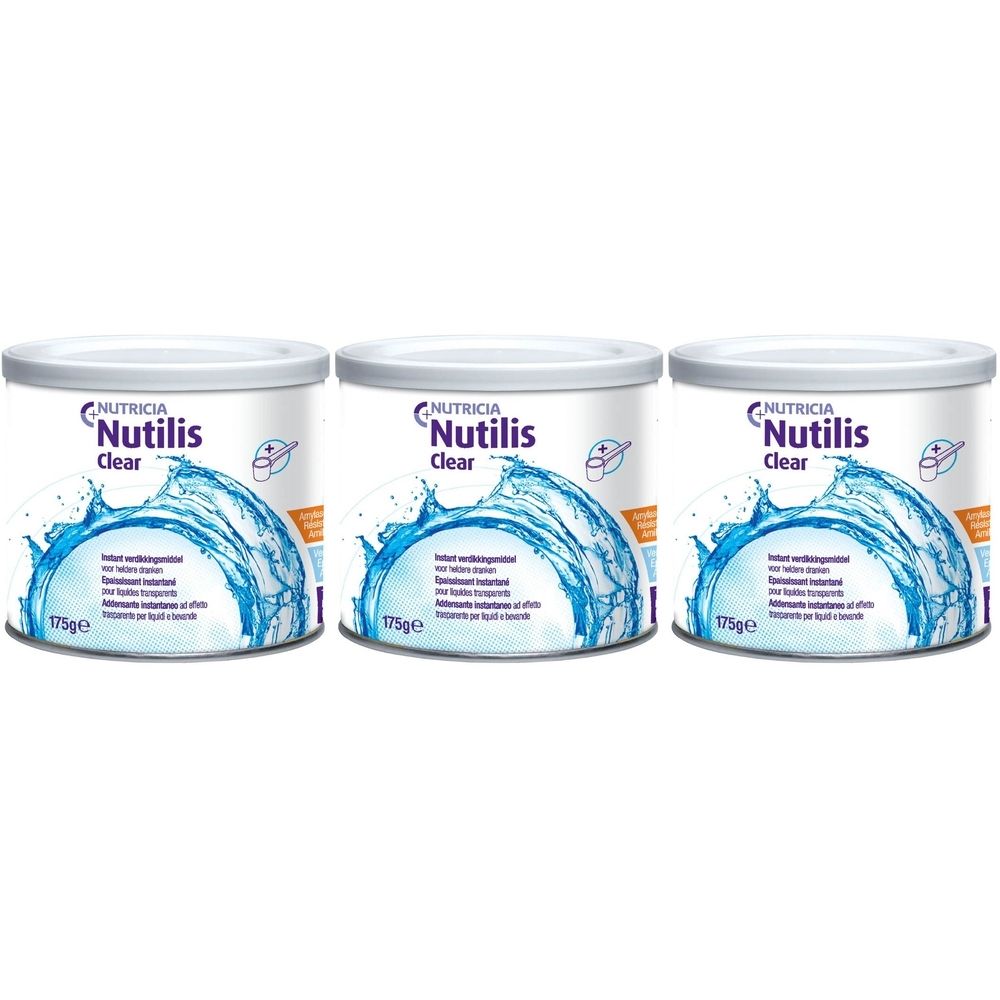 Trois boîtes de Nutilis Clear. Boîtes blanches avec motif d'eau bleue et nom du produit. Inscription : Nutricia Nutilis Clear, 175g.