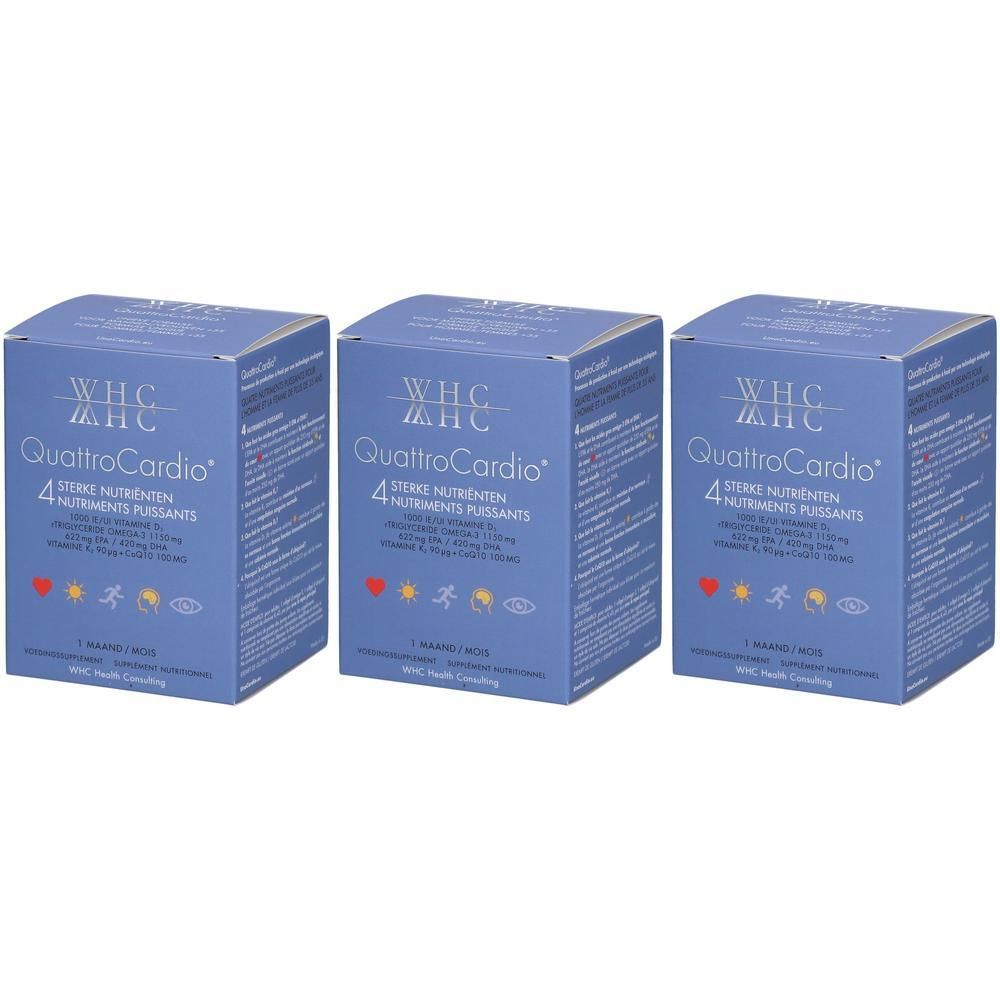 Drei blaue Kartons mit der Aufschrift "WHC QuattroCardio". Enthält 4 Nährstoffe. Sichtbare Logos und Text.