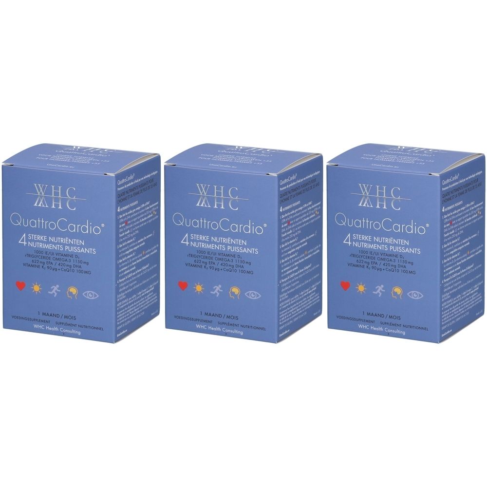Trois boîtes bleues avec "WHC QuattroCardio". Contient 4 nutriments. Logos et texte visibles.