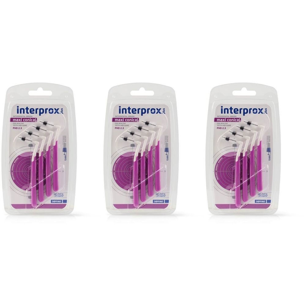 Drei Blisterpackungen mit lila Interdentalbürsten. Jede Packung enthält mehrere Bürsten. Auf der Verpackung steht "Interprox".