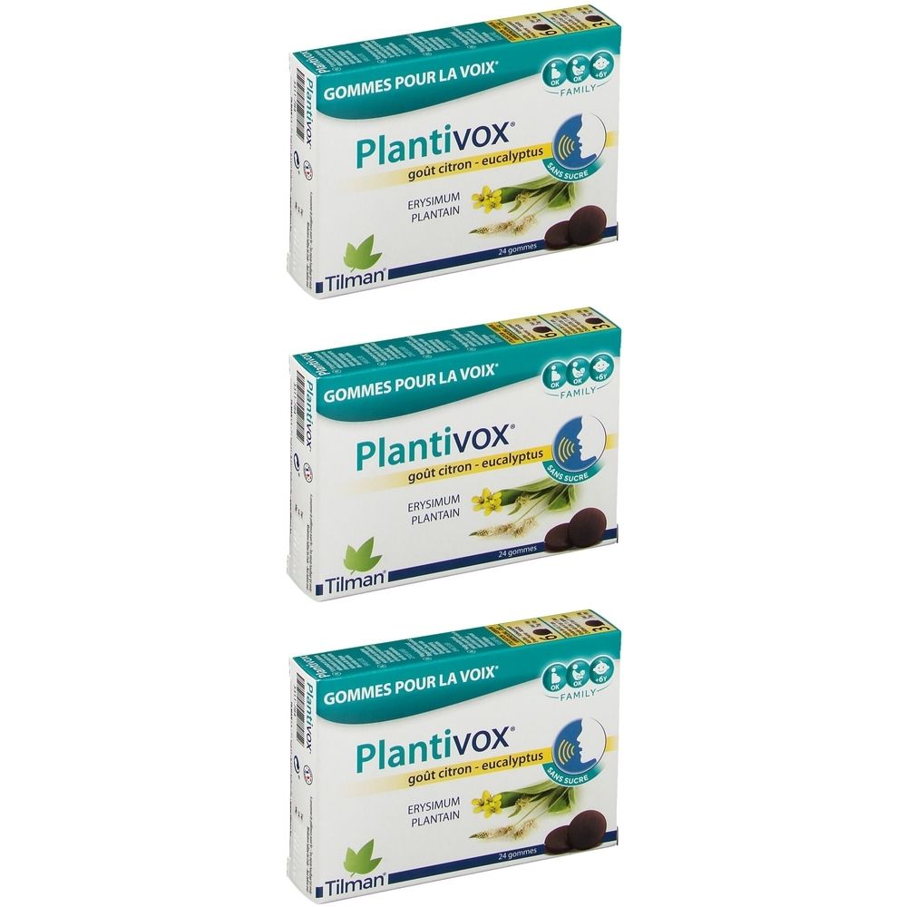 Drei Schachteln Plantivox®-Gummis. Aufschrift: GOMMES POUR LA VOIX, goût citron-eucalyptus, Erysimun, Plantain. Marke Tilman. Grün-weiß Verpackung.