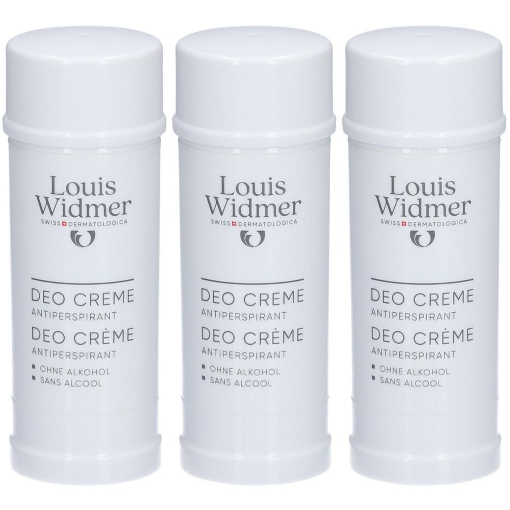 Drei weiße Deodorant-Stifte von Louis Widmer. Aufschrift: Deo Crème Antitranspirant, ohne Alkohol.