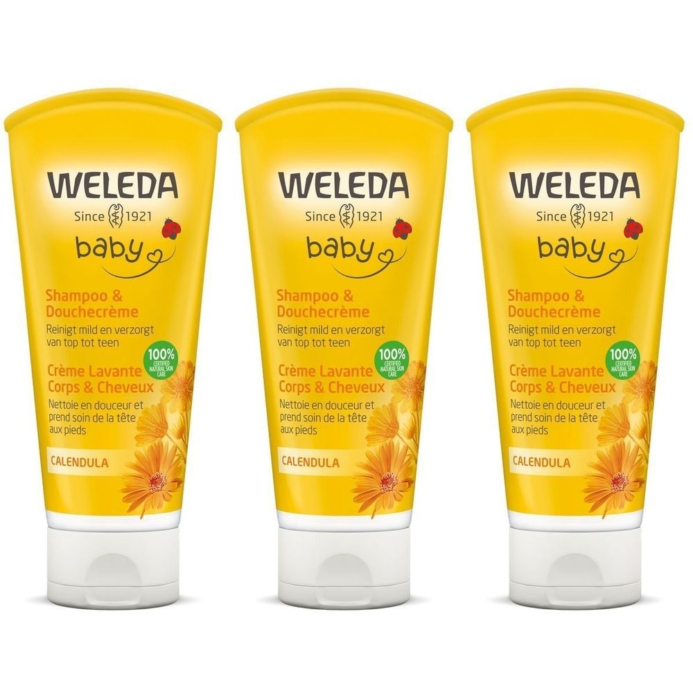 Trois tubes de Weleda Baby Calendula Crème Lavante Corps & Cheveux. Emballage jaune, bouchon blanc. Texte et logo visibles.