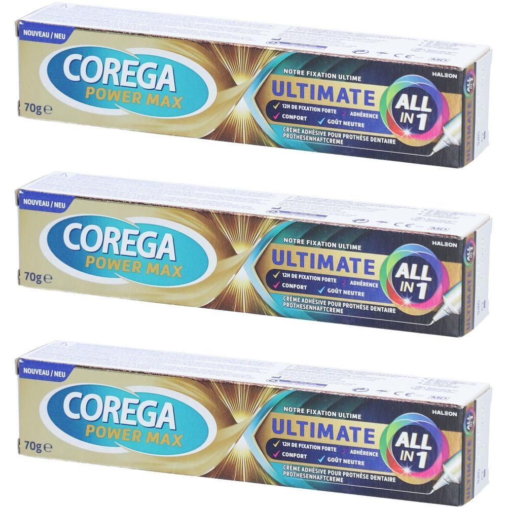 Drei Packungen Corega Ultimate All-in-1. Aufschrift: Corega Power Max, Ultimate All in 1, 70g.