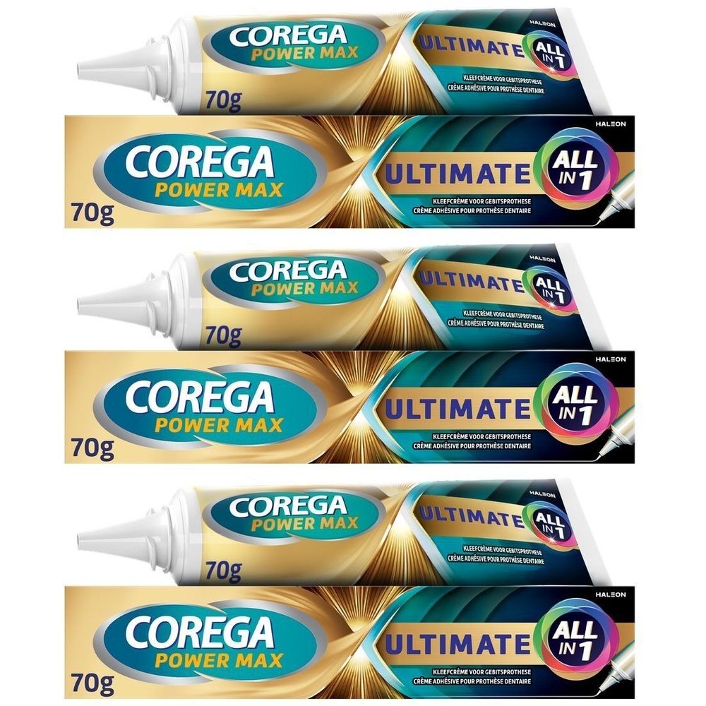 Trois boîtes de Corega Ultimate All-in-1. Inscription : Corega Power Max, Ultimate All in 1, 70g.
