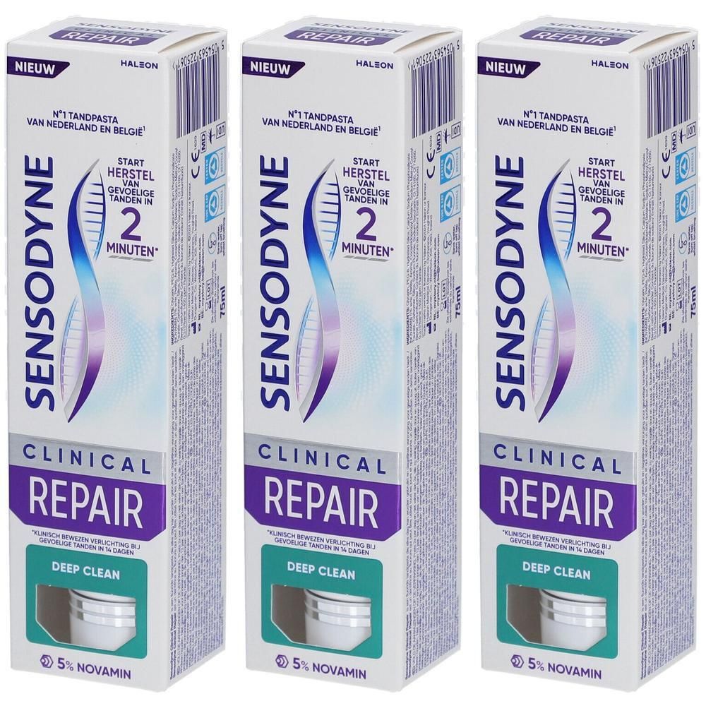Drei Packungen Sensodyne Clinical Repair Deep Clean Zahnpasta. Weiße Tuben in Kartons. Text: Sensodyne, Clinical Repair, Deep Clean.