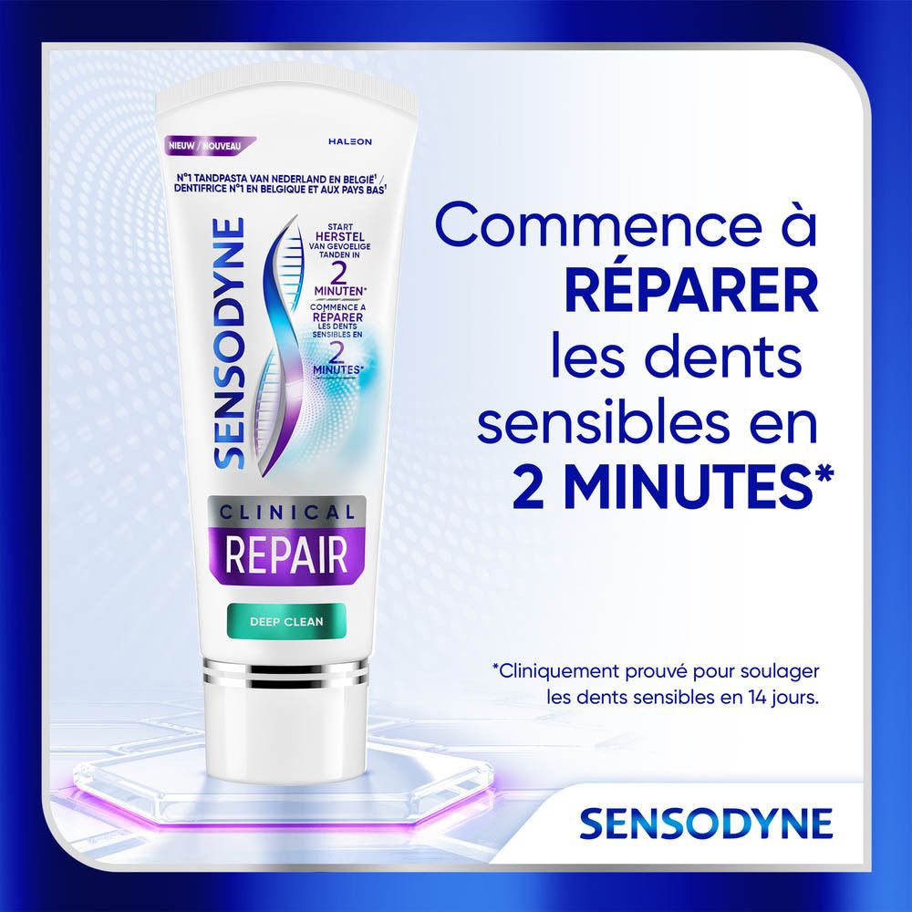 Tube de dentifrice Sensodyne Clinical Repair Deep Clean. Texte: Sensodyne, Clinical Repair, Deep Clean. Arrière-plan avec texte.