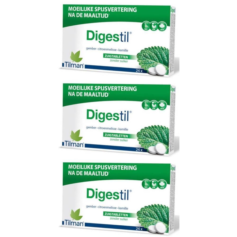 Drei Packungen Digestil-Tabletten. Weiße Schachteln mit grünem Logo und Schriftzug. Enthält 24 Tabletten. Text: "Moelijke spijsvertering na de maaltijd".
