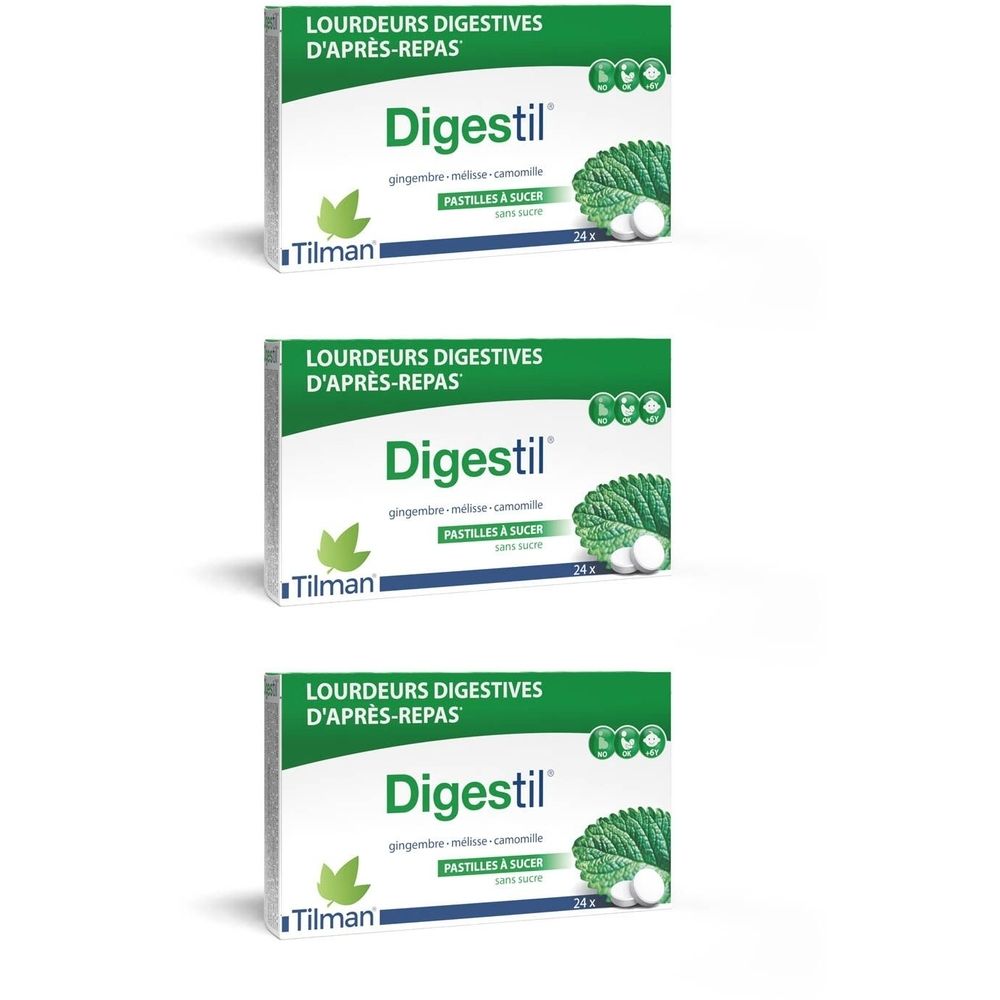 Trois boîtes de Digestil. Boîtes blanches avec logo et texte vert. Contient 24 comprimés. Texte: "Lourdeurs digestives d'après-repas".