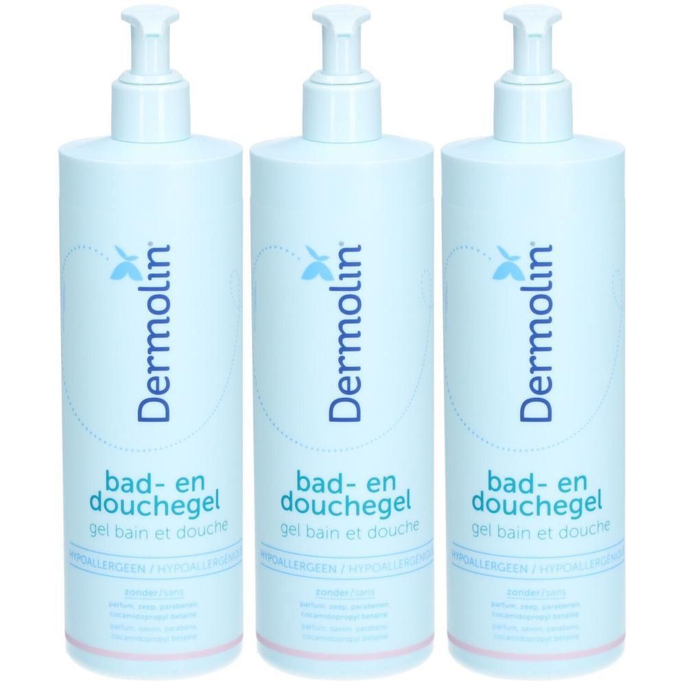 Drei Flaschen Dermolin Bade- und Duschgel. Hellblaue Flaschen mit Dosierpumpe. Text: hypoallergeen.