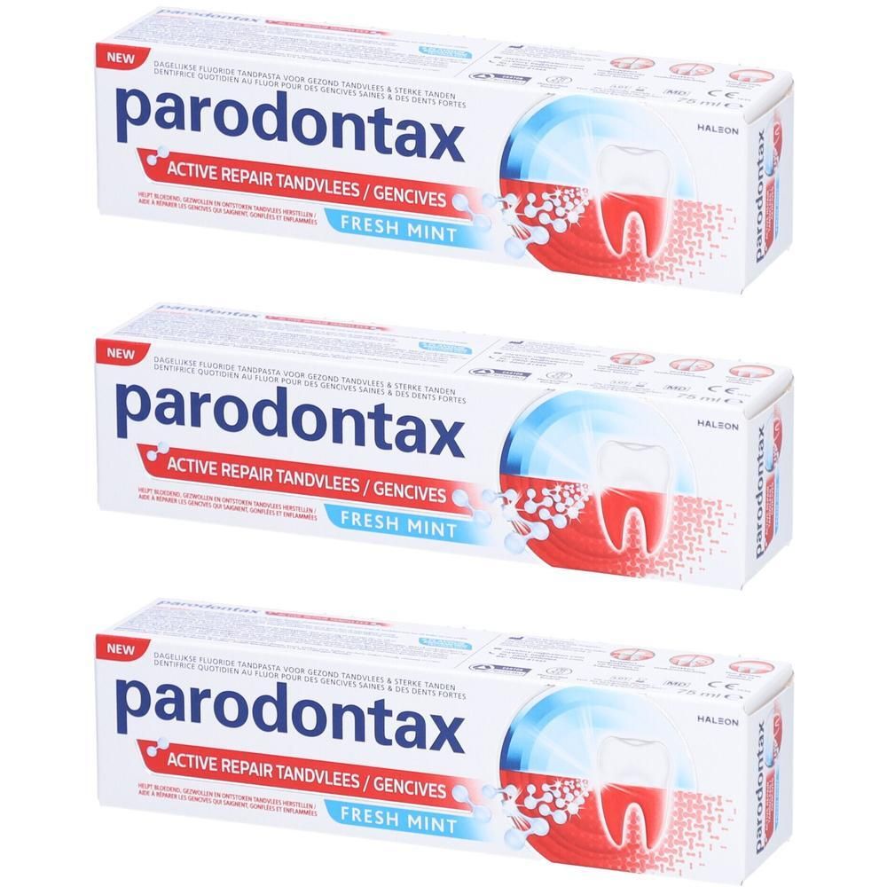 Drei Tuben Parodontax Active Repair Zahnfleisch Fresh Mint Zahnpasta. Weiße Tuben mit roter und blauer Schrift.