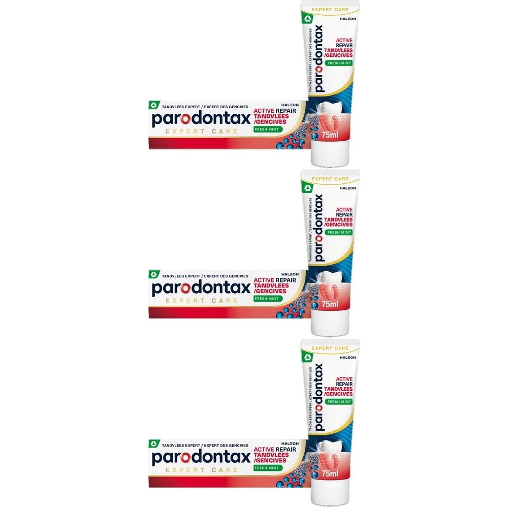 Trois tubes de dentifrice Parodontax Active Repair Zahnfleisch Fresh Mint. Tubes blancs avec texte rouge et bleu.
