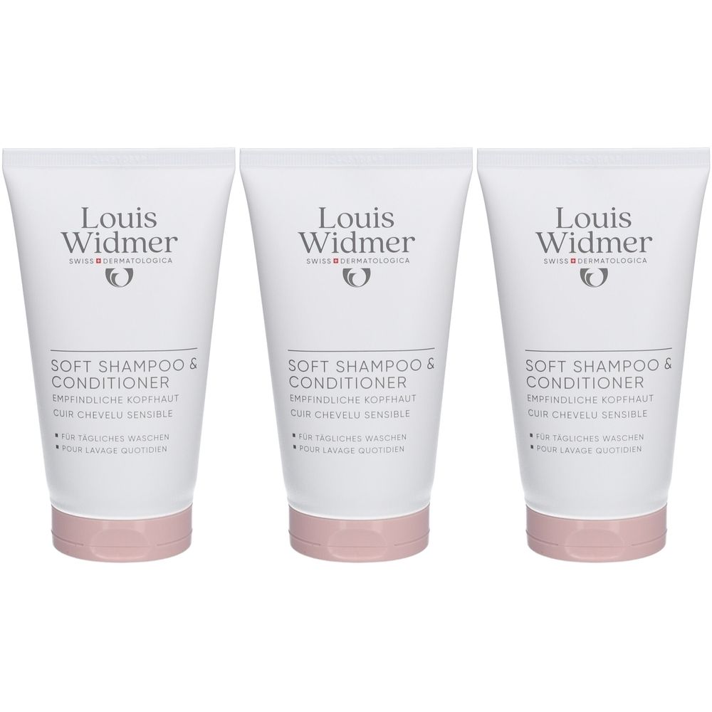 Trois tubes de shampooing et revitalisant blancs avec bouchon rose. Inscription : Louis Widmer, Soft Shampoo & Conditioner.