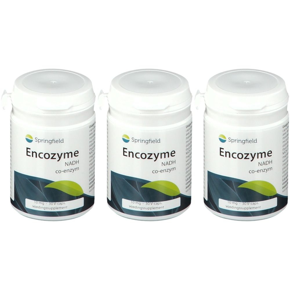 Trois flacons Encozyme NADH 10mg. Récipients blancs, couvercles blancs, étiquettes. Feuilles vertes et texte.