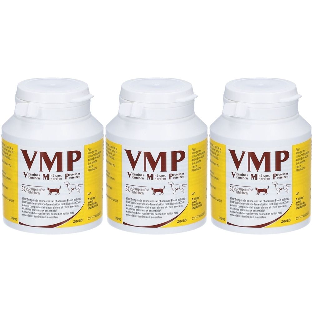 Trois flacons blancs avec des étiquettes jaunes. Les étiquettes indiquent "VMP", "Vitamines Minéraux Protéines" et "50 comprimés".