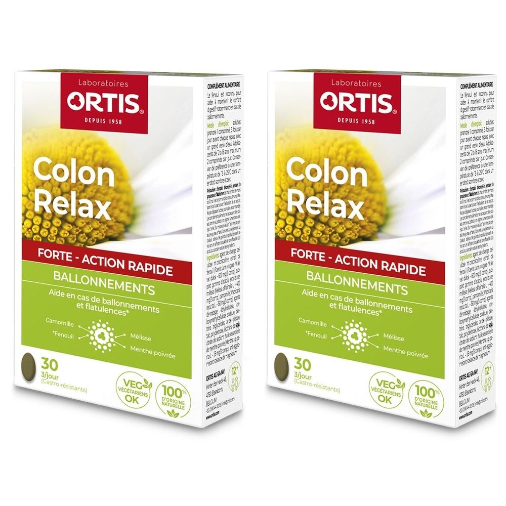 Deux boîtes de Colon Relax Forte. Inscription: Ortis, Colon Relax Forte, 30 gélules. Design vert et blanc.