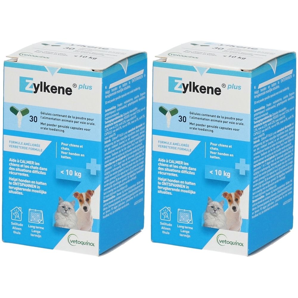 Deux boîtes bleues "Zylkene plus". Contient 30 gélules. Pour chiens et chats moins de 10 kg. Logo Vetoquinol.