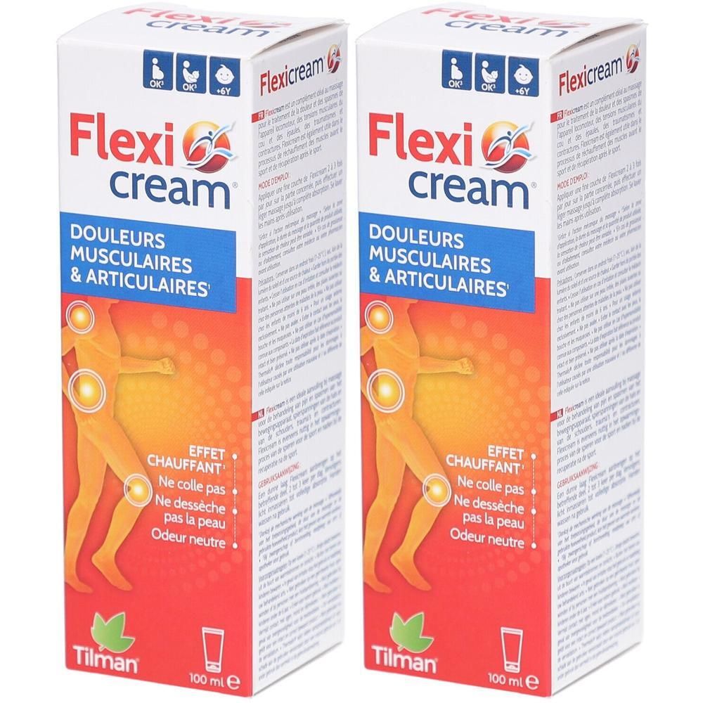 Zwei Schachteln Flexi Cream. Rote Verpackung mit Produktnamen und Illustration. Text: Schmerzen in Muskeln und Gelenken.
