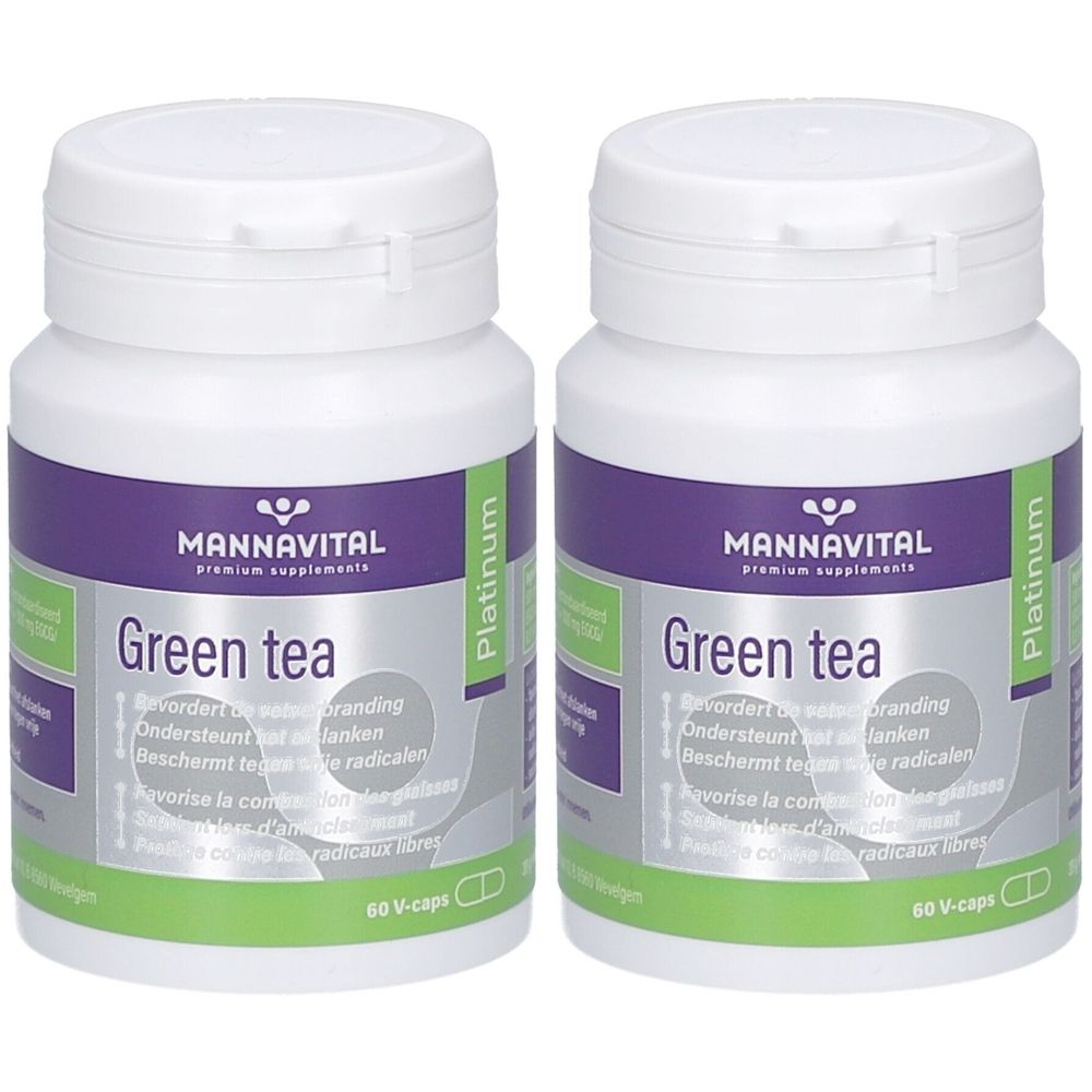 Zwei weiße Flaschen mit lila und grünen Etiketten. Aufschrift: Mannavital Green Tea Platinum. 60 V-caps.