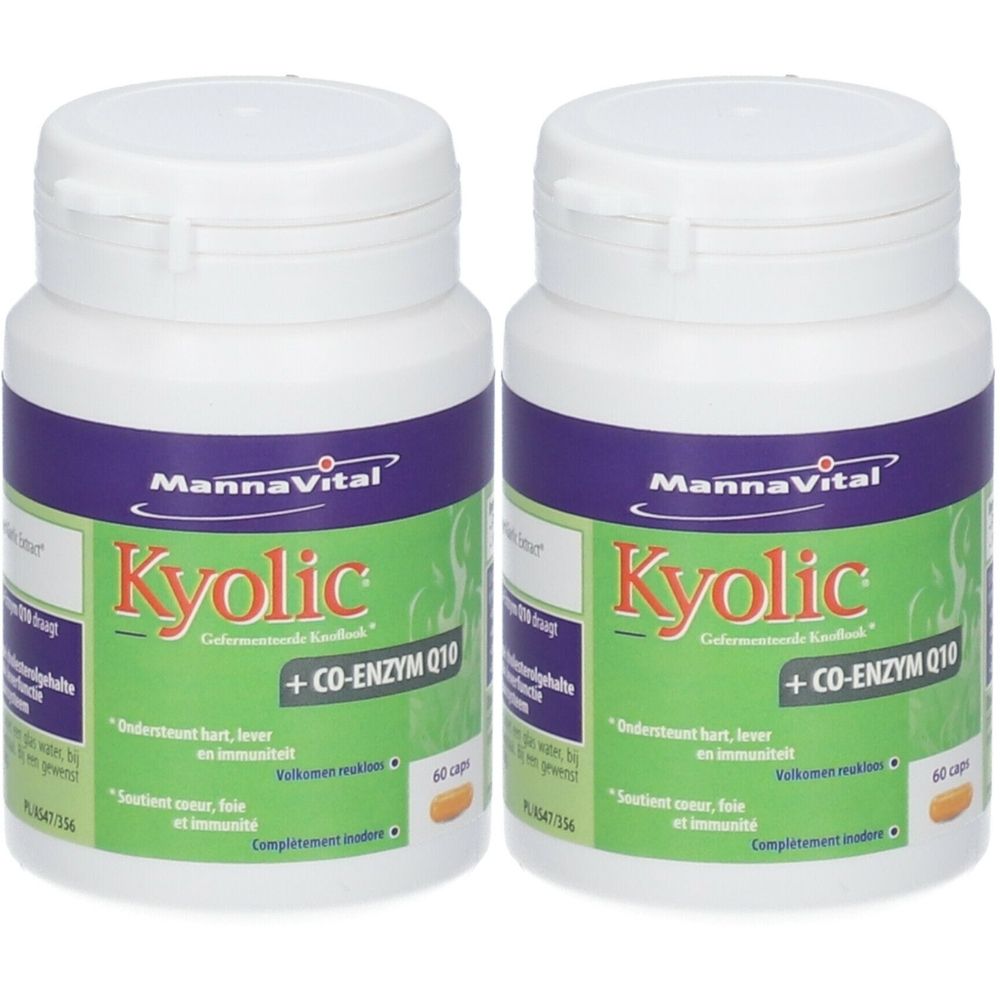 Deux flacons de Mannavital Kyolic + Coenzyme Q10. Récipients blancs avec étiquette violette. Inscriptions visibles : Kyolic, CO-ENZYME Q10.