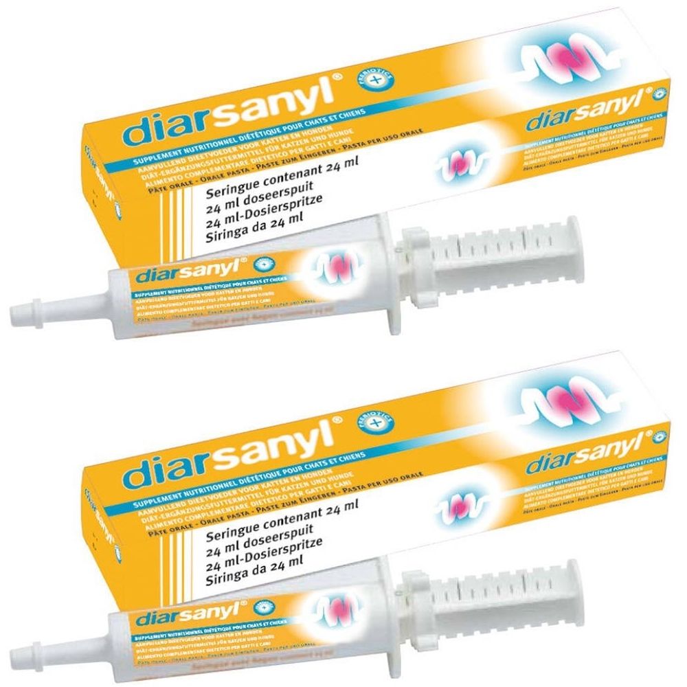 Zwei Packungen und Spritzen. Gelbe Schachteln mit weißer Schrift. Weiße Spritzen mit Dosierskala. Aufschrift: diarsanyl.