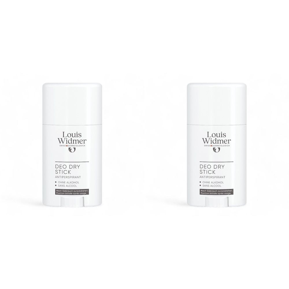 Deux sticks déodorants blancs. Inscription: Louis Widmer, Deo Dry Stick, Antiperspirant. Sans alcool.