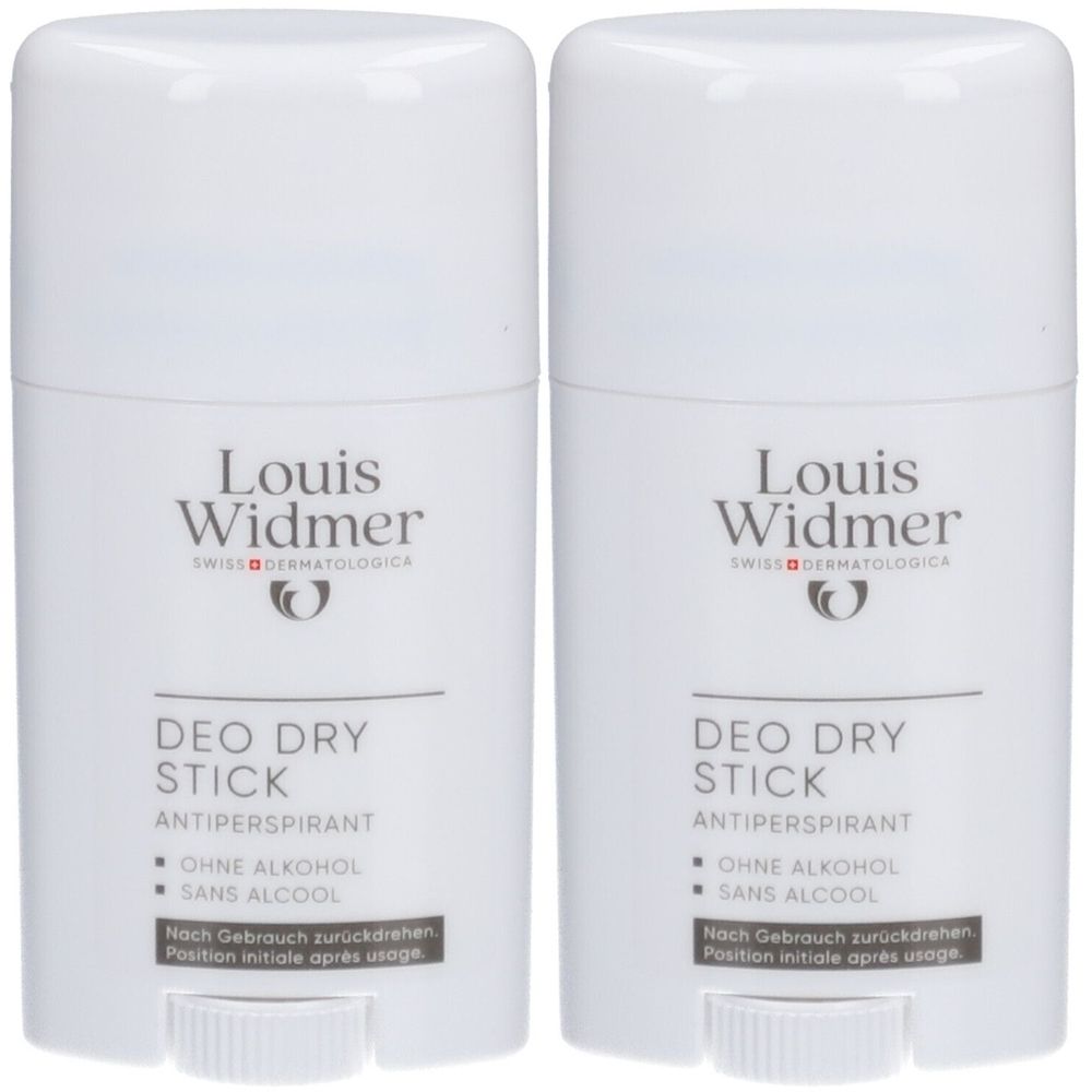 Zwei weiße Deo-Sticks. Aufschrift: Louis Widmer, Deo Dry Stick, Antiperspirant. Ohne Alkohol, Sans Alcool.