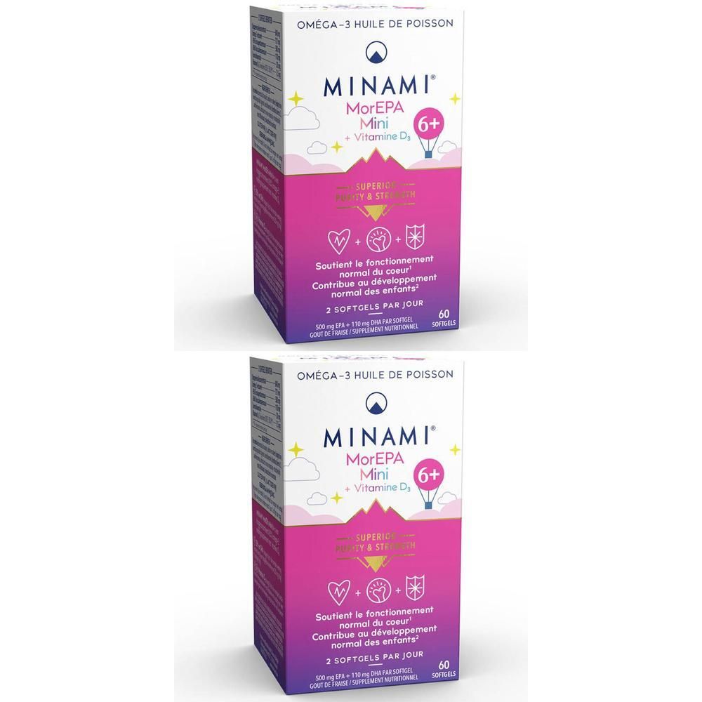 Zwei Packungen MINAMI MorEPA Mini 6+ Omega-3-Nahrungsergänzungsmittel. Weiße und rosa Verpackung mit Produktnamen und Logos.