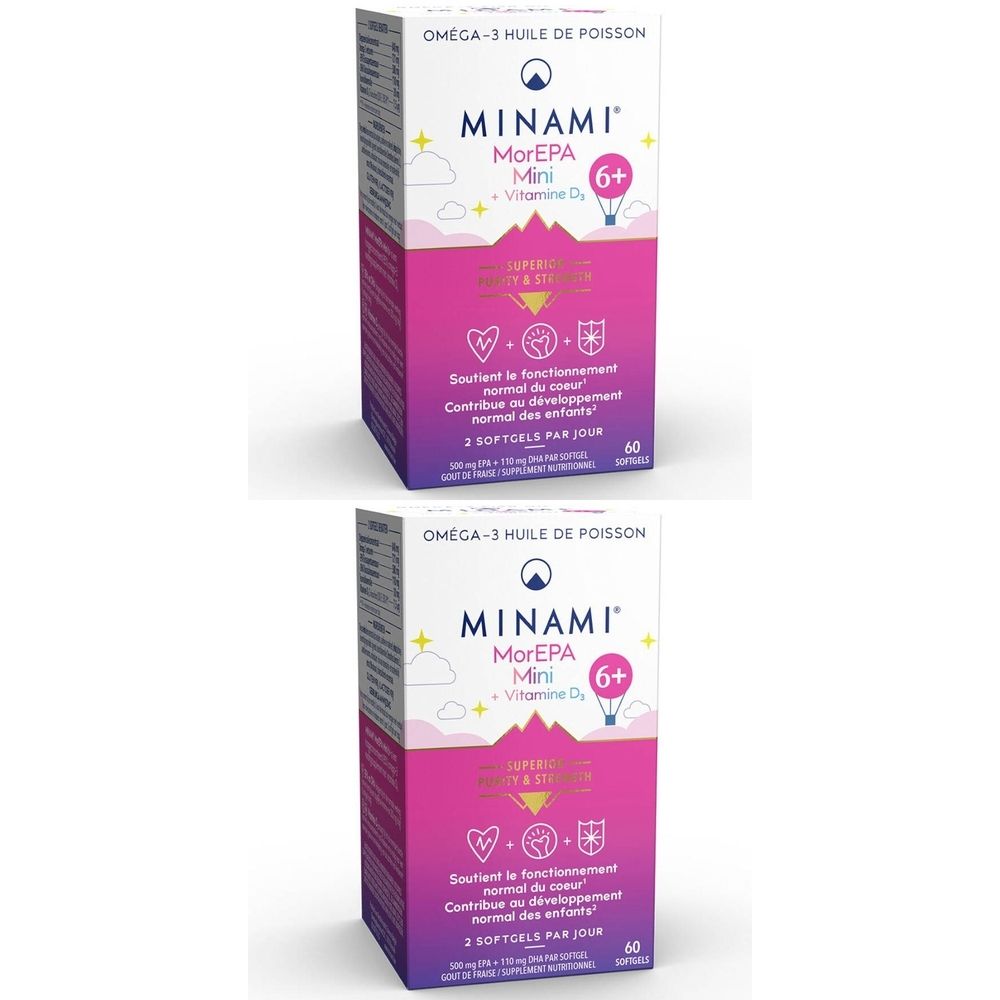 Deux boîtes de compléments alimentaires MINAMI MorEPA Mini 6+ Omega-3. Emballage blanc et rose avec nom et logos du produit.