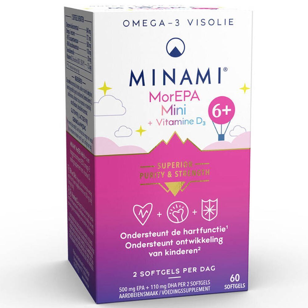 MINAMI MorEPA Mini 6+ Omega-3-Nahrungsergänzungsmittel. Weiße und rosa Verpackung mit Produktnamen, Logos und Inhaltsangaben.