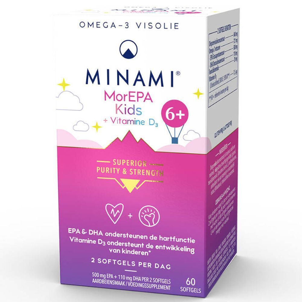 MINAMI MorEPA Kids 6+ Omega-3-Nahrungsergänzungsmittel. Weiße und rosa Verpackung mit Produktnamen, Logos und Inhaltsangaben.