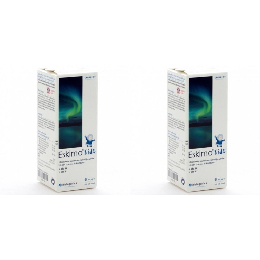 Zwei rechteckige Verpackungen von Eskimo kids. Aufdruck mit Produktnamen, Abbildung von Nordlichtern und einem Kind.