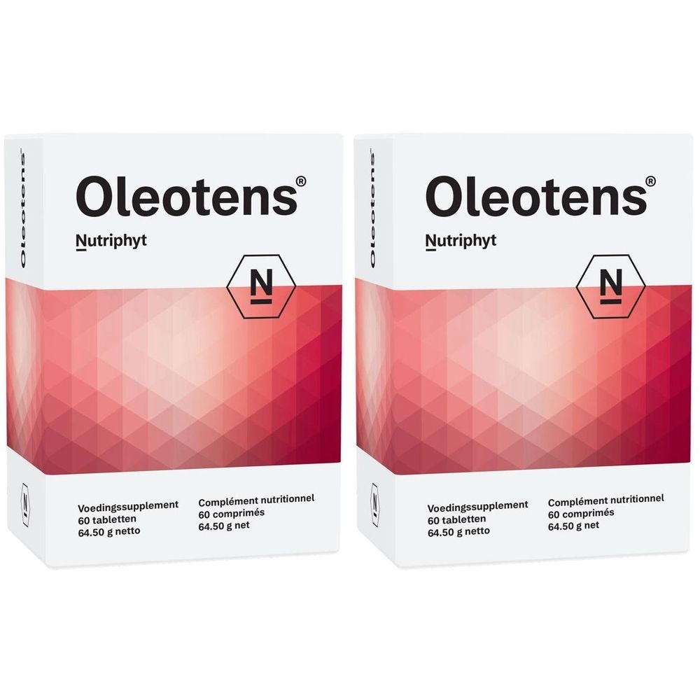 Deux boîtes blanches avec motif rouge. Inscription : Oleotens, Nutriphyt, logo N, Voedingssupplement, 60 comprimés, 64,50 g net.