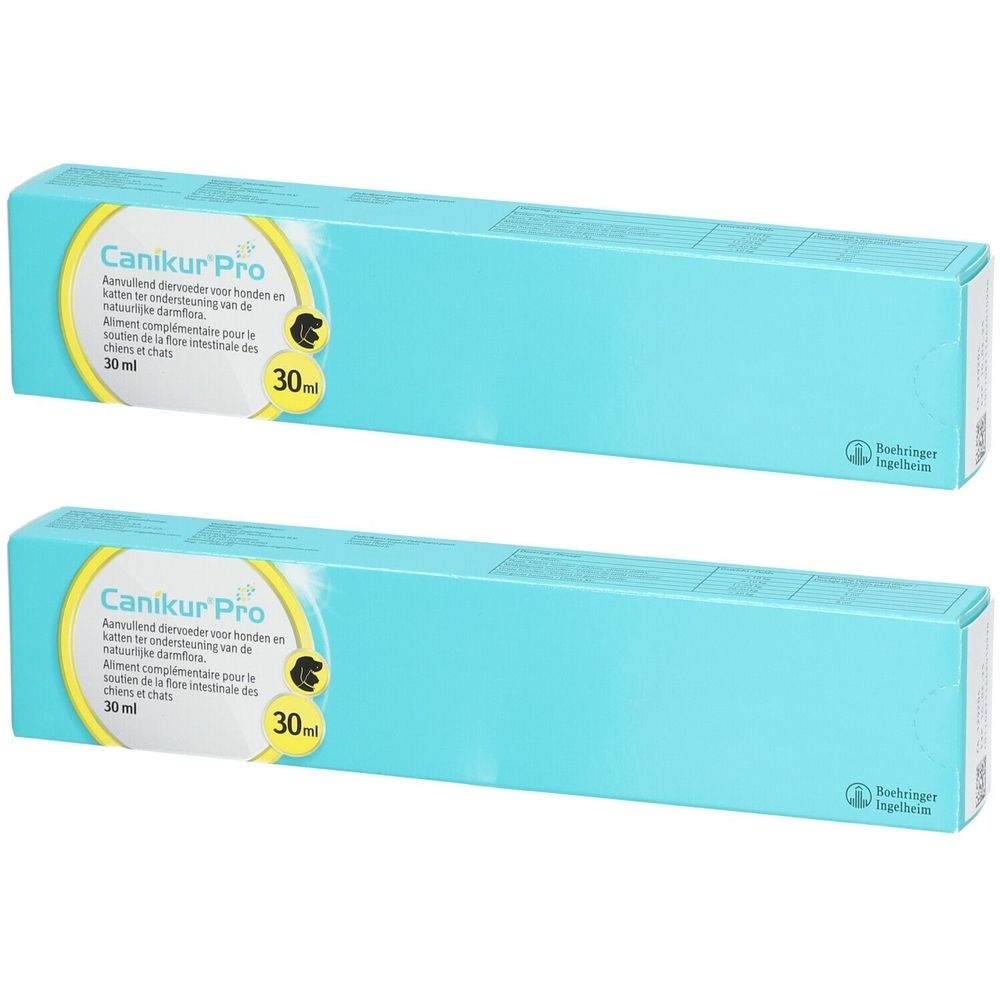 Deux boîtes turquoise avec "Canikur Pro". Chaque boîte contient 30 ml. Logo Boehringer Ingelheim.