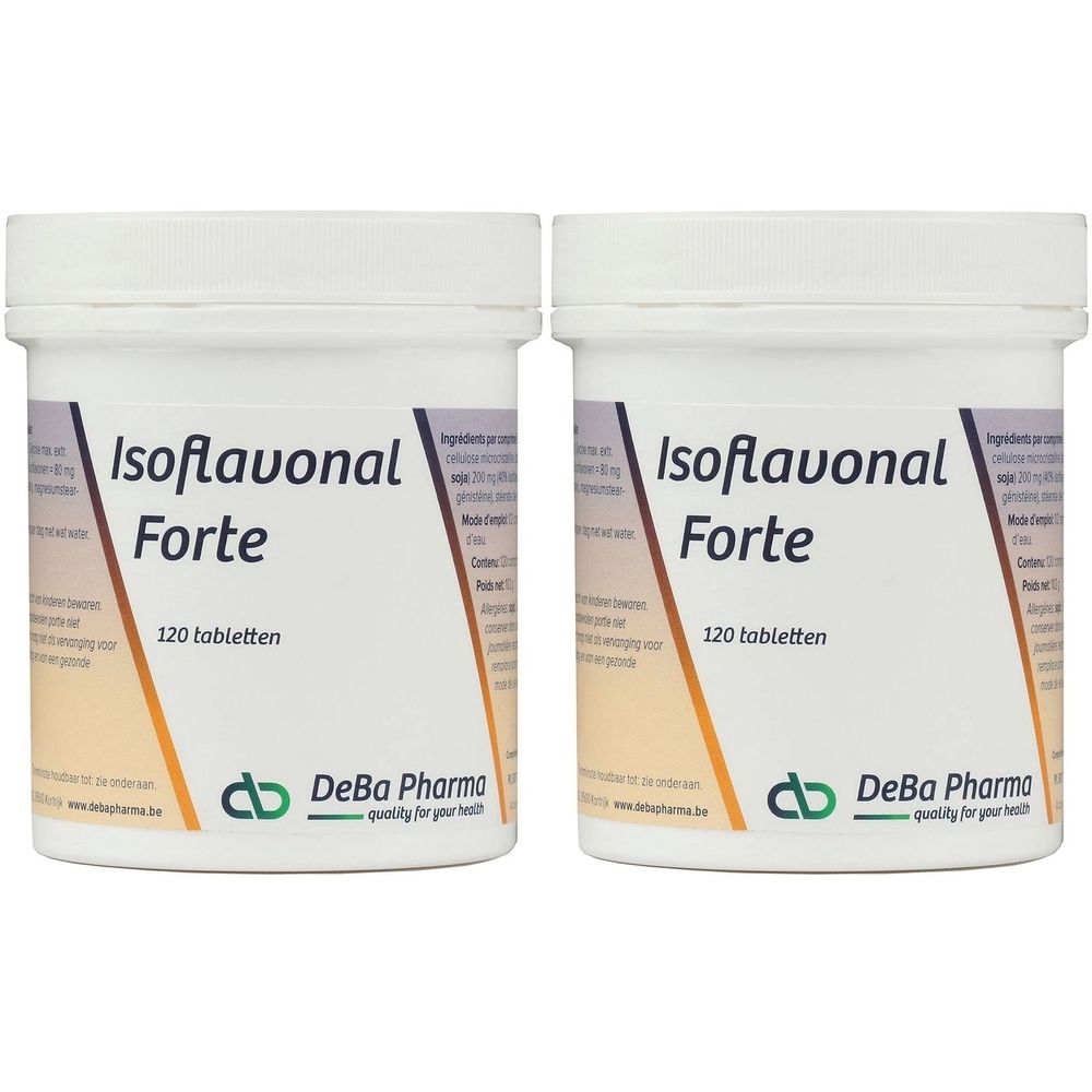 Zwei weiße Dosen mit der Aufschrift "Isoflavonal Forte" und "120 tabletten". Logo von DeBa Pharma.