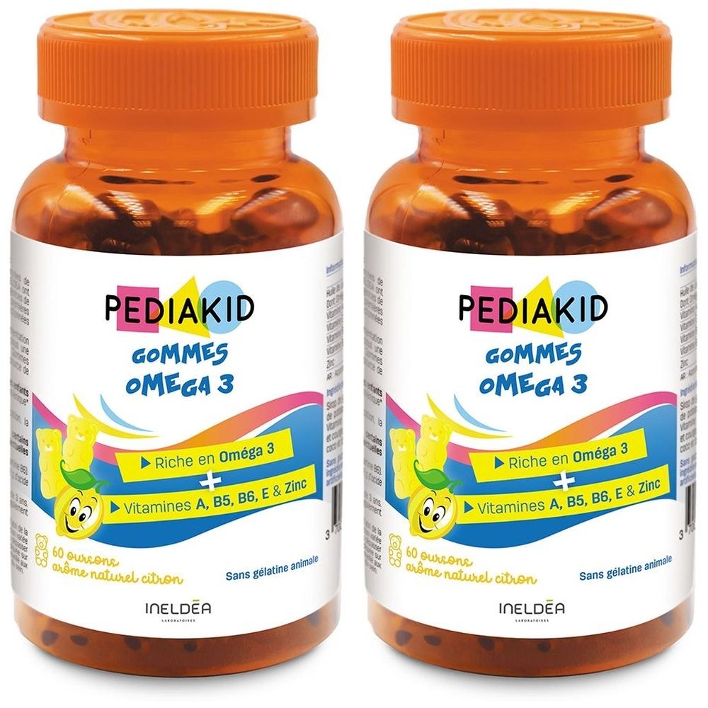 Zwei Flaschen Pediakid Gommes Omega 3. Orangefarbene Deckel, Etiketten mit Produktinformationen. Enthält Omega 3 und Vitamine.