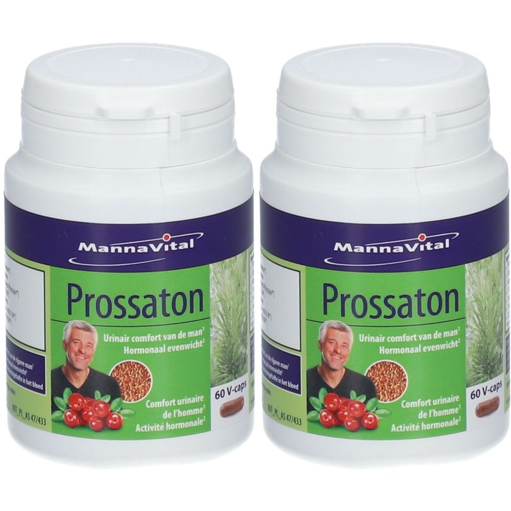 Zwei Flaschen Mannavital Prossaton. Weiße Kappen, blaue Etiketten mit Produktnamen und Abbildung. 60 V-Caps.