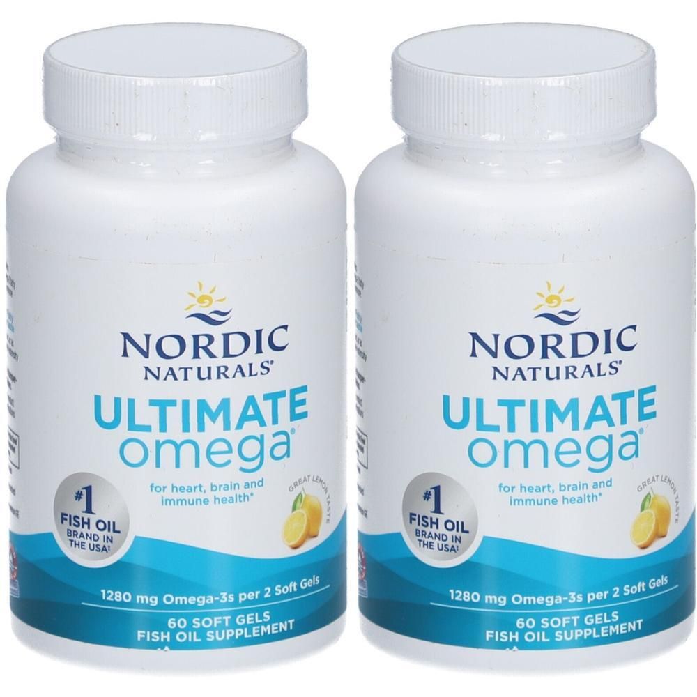Deux flacons de Nordic Naturals Ultimate Omega. Bouteilles blanches avec texte bleu. Contient 60 gélules. Goût citron.