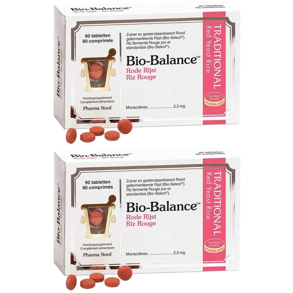 Deux boîtes Pharma Nord Bio-Balance Riz Rouge avec comprimés rouges. Boîtes blanches avec texte rouge. 90 comprimés.