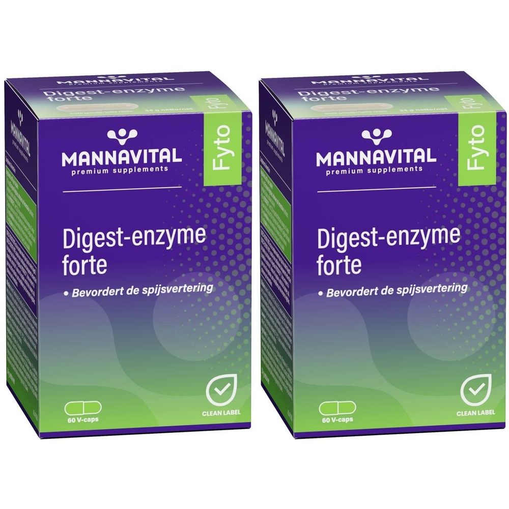 Deux boîtes avec inscription: MannaVital Digest-enzyme forte. Logo et texte blancs sur fond violet. 60 V-caps. Avec Clean Label.