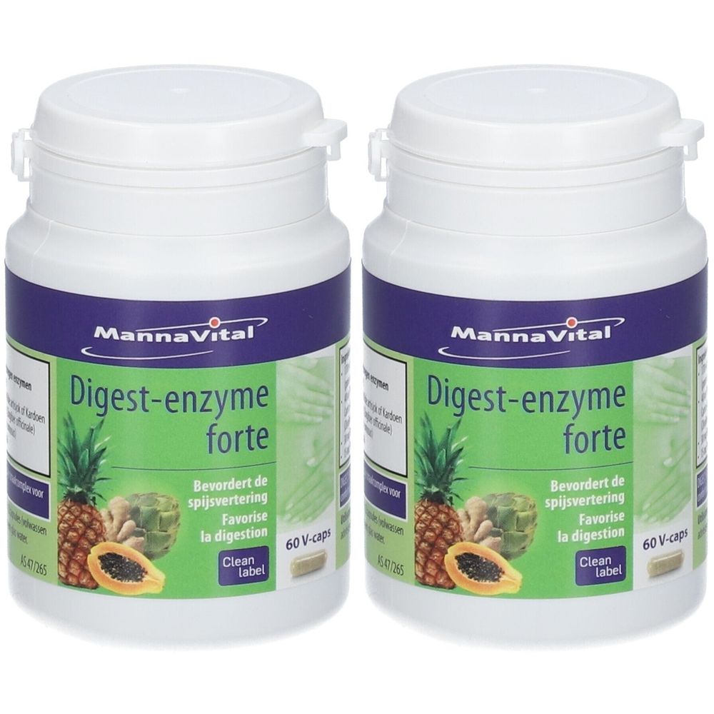 Zwei weiße Flaschen mit Etiketten. Aufschrift: MannaVital Digest-enzyme forte. Abbildung von Ananas, Artischocke und Papaya. 60 V-caps.