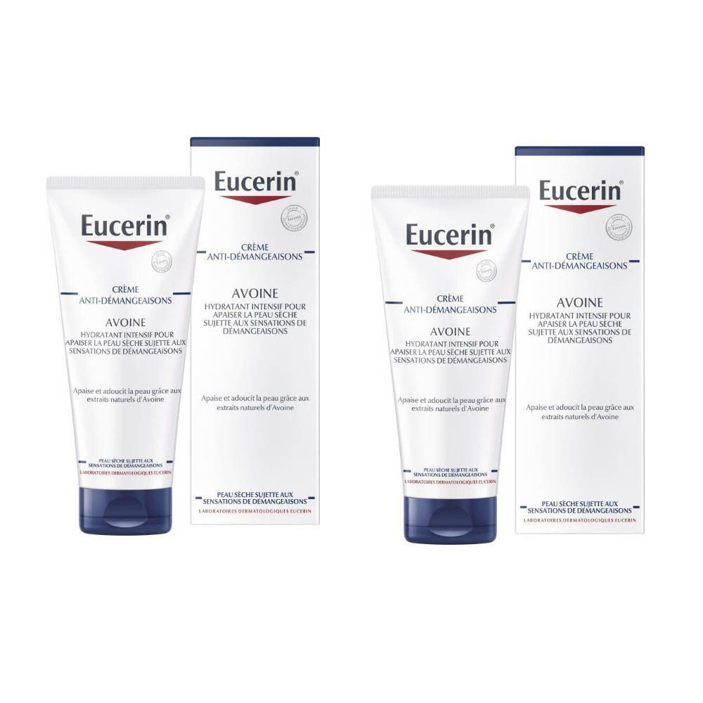 Deux tubes et boîtes de crème Eucerin. Tubes blancs avec bouchon bleu. Inscription : Crème anti-démangeaisons.
