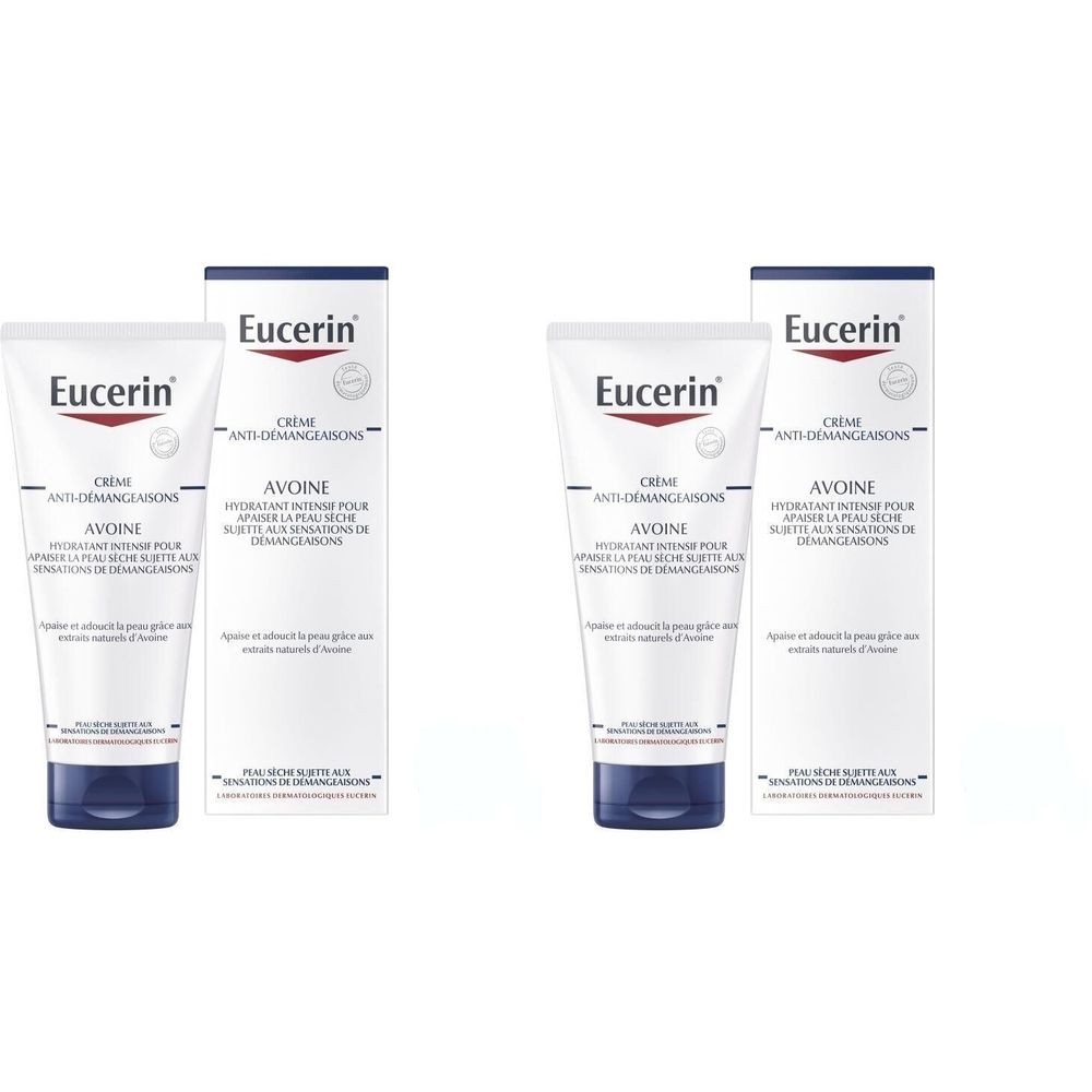 Deux tubes et boîtes de crème Eucerin. Tubes blancs avec bouchon bleu. Inscription : Crème anti-démangeaisons.