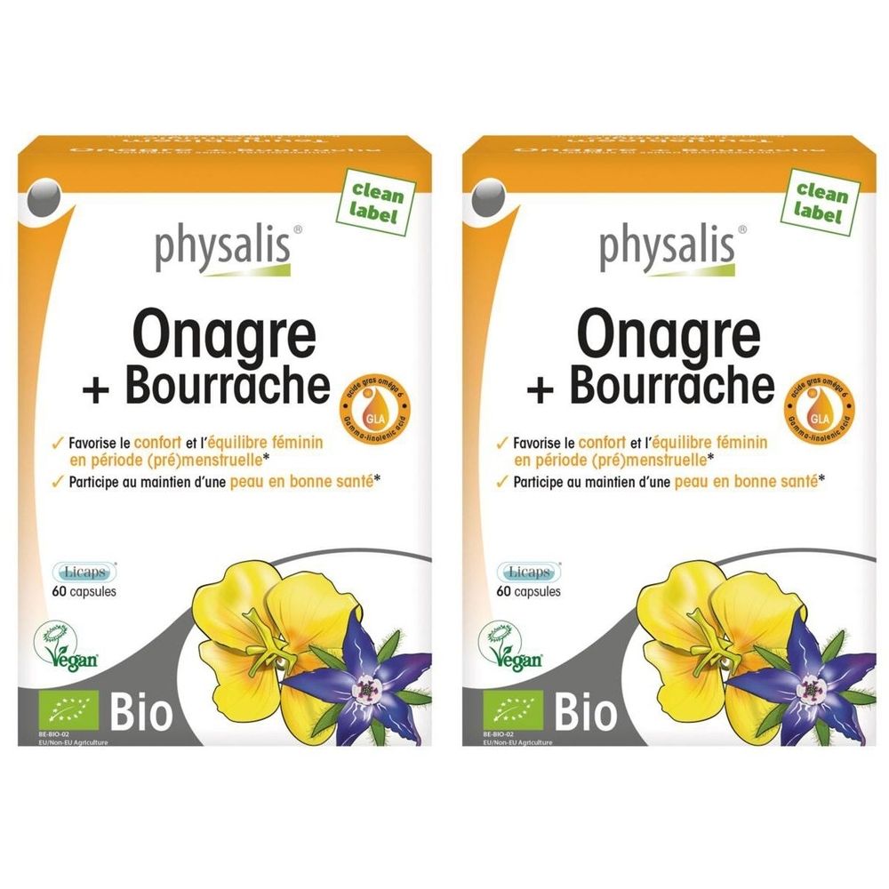 Deux boîtes Physalis Onagre + Bourrache Bio. Inscriptions : logo, nom, texte, illustration florale, label Vegan, label Bio.