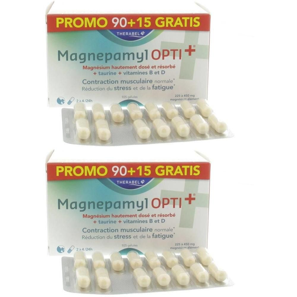Zwei Packungen Magnepamyl Opti+ mit Kapseln in Blistern. Aufschrift: Promo 90+15 Gratis.