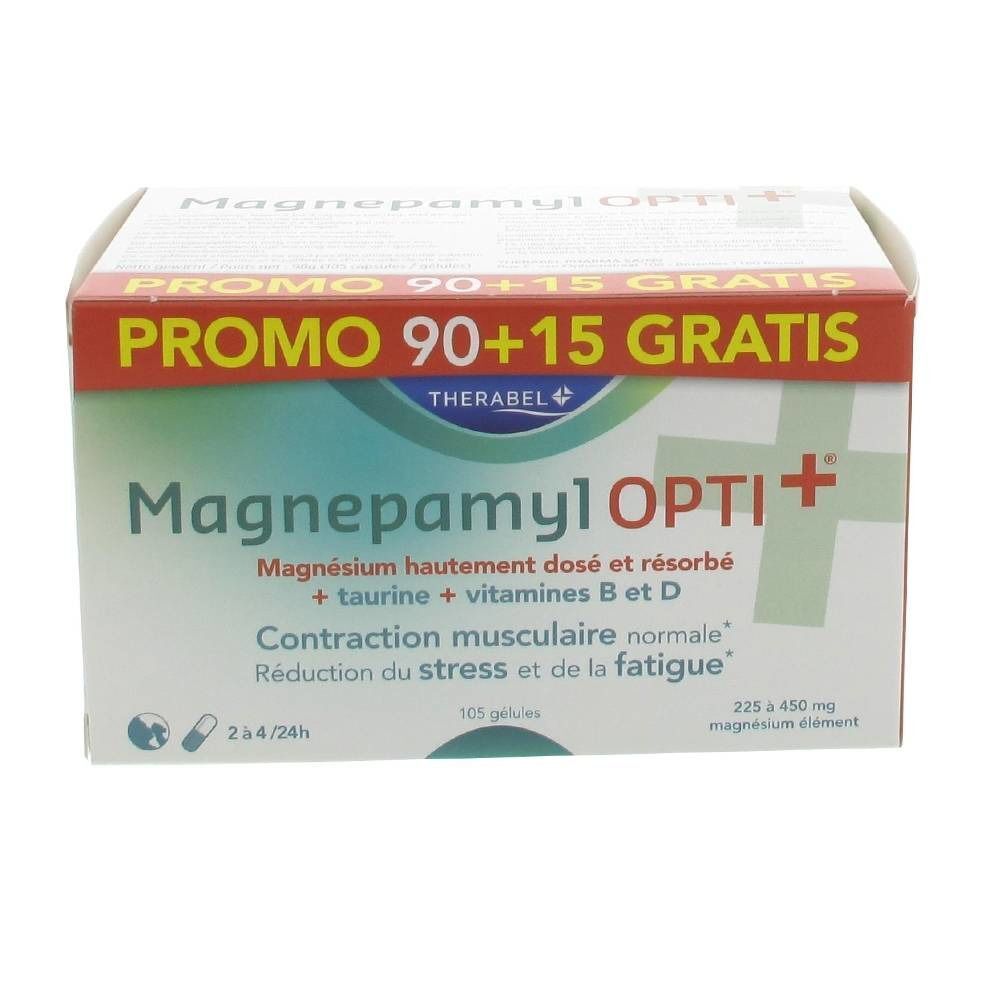 Magnepamyl Opti+ Packung mit Kapseln in Blistern. Aufschrift: Promo 90+15 Gratis.