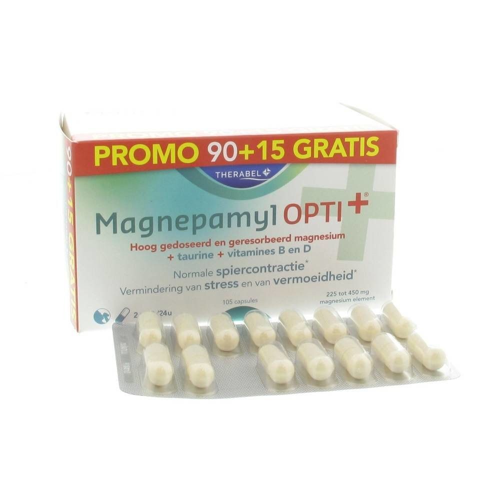 Magnepamyl Opti+ Packung mit Kapseln in Blistern. Aufschrift: Promo 90+15 Gratis.