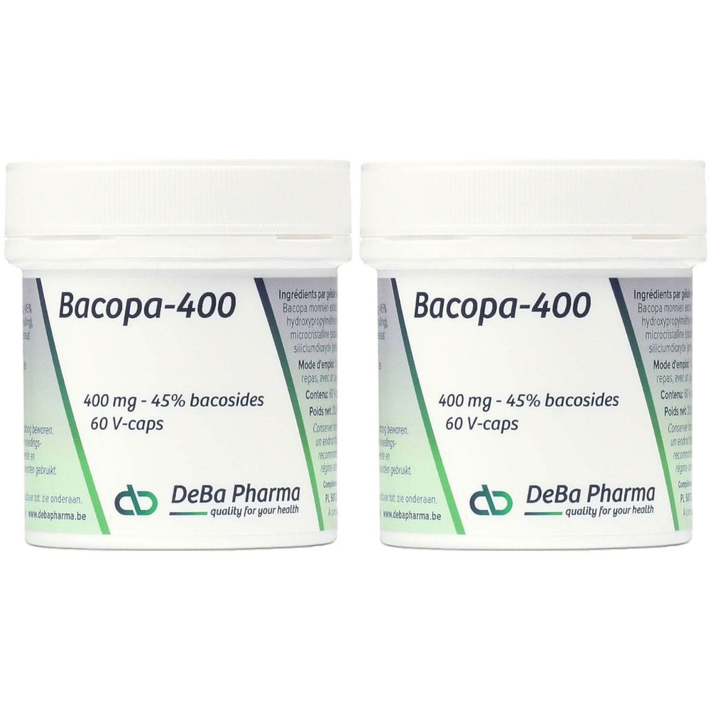 Deux pots blancs avec l'inscription "Bacopa-400". Inscription : 400 mg - 45% bacosides, 60 V-caps. Logo DeBa Pharma.