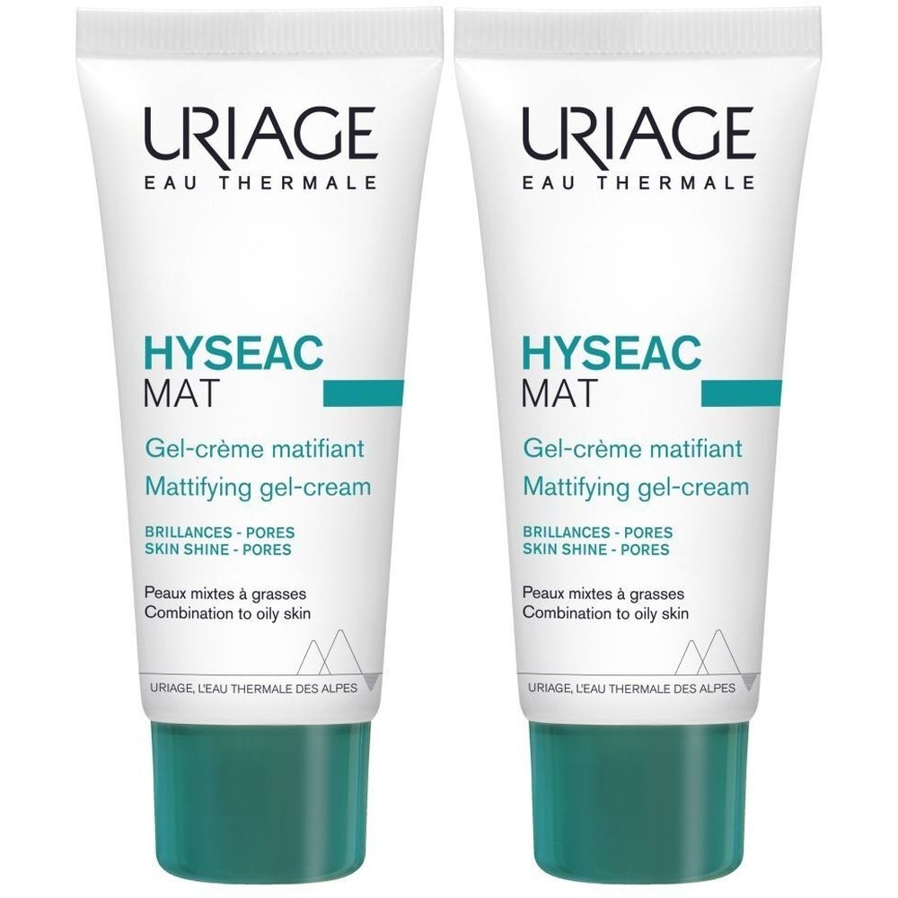Zwei Tuben Uriage Hyseac Mat Gel-Crème Matifiant. Weiß, mit grünen Akzenten. Text auf der Vorderseite.